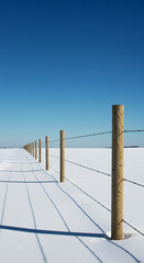 Winter Serenity: Long Shadows of a Wooden Fence Across a Snow-Covered Prairie Under a Vivid Blue Sky.