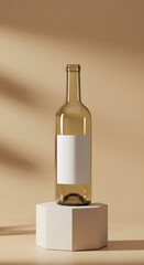 Amber Glass Wine Bottle Mockup: Minimalist Beige Background, Blank Label, Elegant Studio Lighting, Product Presentation,  Branding Template,  Clean Design,  Modern Aesthetic,  High-Resolution Image.