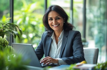 Smiling busy middle-aged Indian businesswoman working on financial data on a laptop at her office desk