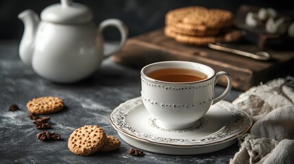 52. Freshly brewed tea in a delicate teacup, with a teapot and biscuits in the background