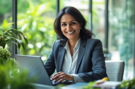 Smiling busy middle-aged Indian businesswoman working on financial data on a laptop at her office desk - Powered by Adobe