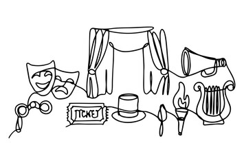 A set of objects associated with theater and acting drawn in line art style with a continuous line.