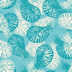 Nautiluses. Colored silhouettes on turquoise. Seamless vector pattern with  sea ​​creatures. Nature stylish background.  Perfect for wallpaper, wrapping, fabric, print and textile. 