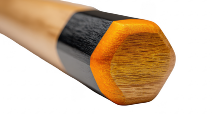 Close-up of a hexagonal wooden shaft end, light brown with black and orange accents