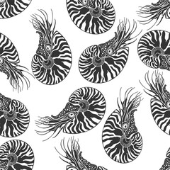Nautiluses. Seamless vector pattern with  sea ​​creatures. Nature stylish background. Silhouette. Black and white.  Perfect for wallpaper, wrapping, fabric, print and textile. 