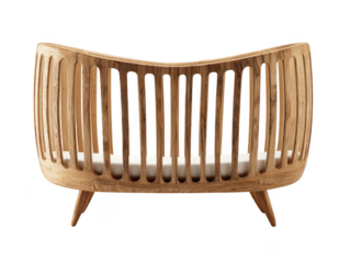 Curved wooden crib with a light-colored mattress