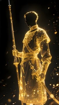 Ancient and Modern Military Costume Series : Streltsy Army from Russia, a splendid and beautiful illustration with dark background and golden light particles outline 003