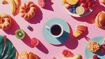 60. Overhead shot of a vibrant breakfast spread with pastries, fruit, and coffee