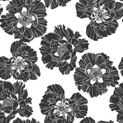 Seamless pattern with peony flowers on a white background. Monochrome vector illustration. Silhouettes. Perfect for design templates, wallpaper, wrapping, fabric, print and textile. 