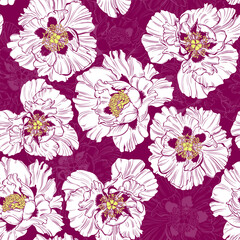 Seamless pattern with peony flowers on a colored background. Vector illustration. Silhouettes and contours. Perfect for design templates, wallpaper, wrapping, fabric, print and textile. 