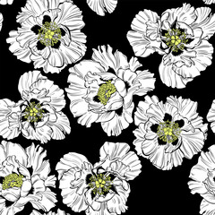 Seamless pattern with peony flowers on a  black background. Vector illustration. Silhouettes. Perfect for design templates, wallpaper, wrapping, fabric, print and textile. 