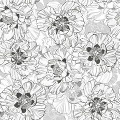 Peony flowers. Floral vector seamless pattern. Monochrome contours and silhouettes. Perfect for design templates, wallpaper, wrapping, fabric, print and textile. 