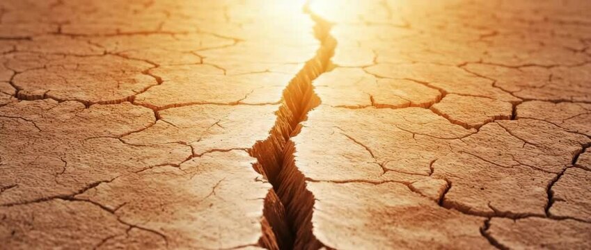 Crack dry earth with deep fissure under warm sunlight symbolizing drought arid soil desert landscape environmental stress barren land conditions natural scene