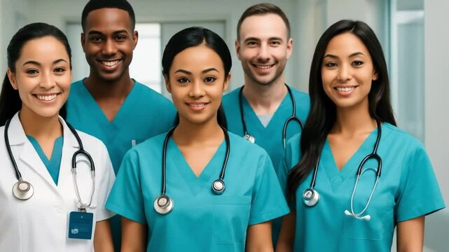 A diverse group of healthcare professionals doctors and nurses smiling confidently in a hospital corridor.