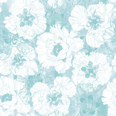 Seamless pattern with peony flowers  on blue watercolor background. Vector illustration. Silhouettes and contours. Perfect for design templates, wallpaper, wrapping, fabric, print and textile. 