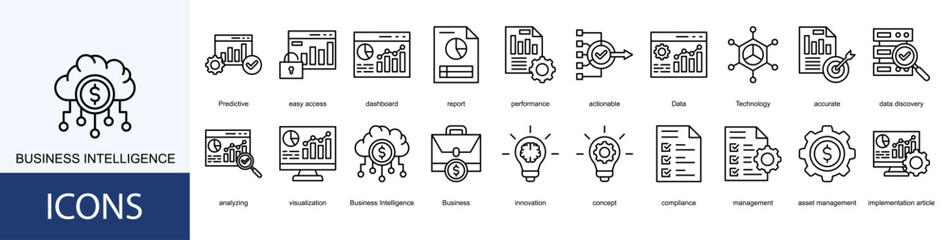 Business Intelligence icon collection set. Containing dashboard, report, performance, actionable, Data, Technology icon