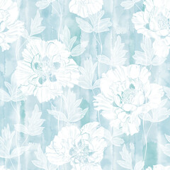 Seamless pattern with hand drawn peony flowers and leaves on blue watercolor background. Vector illustration. Perfect for design templates, wallpaper, wrapping, fabric, print and textile. 