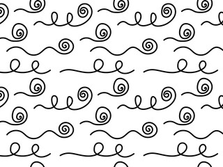 Black and white monochrome seamless doodle pattern, abstract chaotic curve