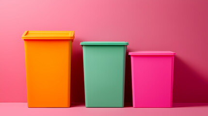Three colorful rectangular trash bins in orange, green, and pink are placed side by side against a pink background.