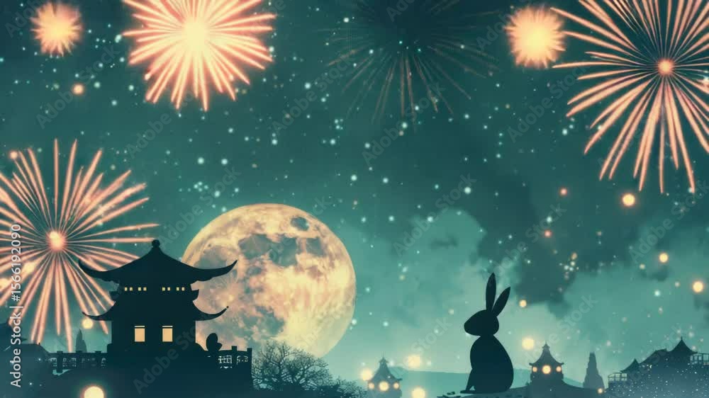 Poster A nighttime scene with a full moon shining down, accompanied by vibrant fireworks exploding in the sky