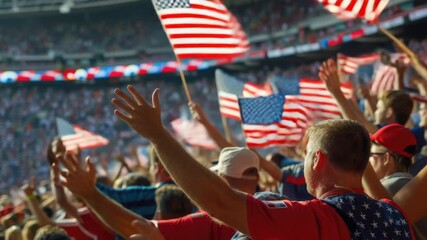 Masses of people holding and waving American flags inside a large sports venue, perfect for patriotic events or celebrations - Powered by Adobe