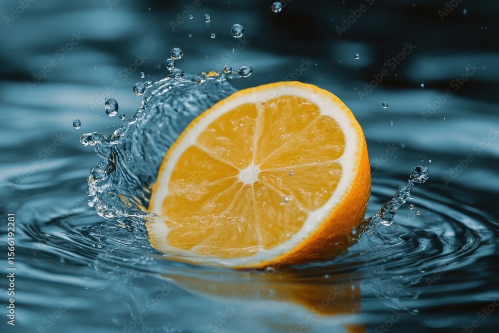 Poster lemon creates dynamic splash as it impacts water surface and sends droplets flying, lemon splashing 