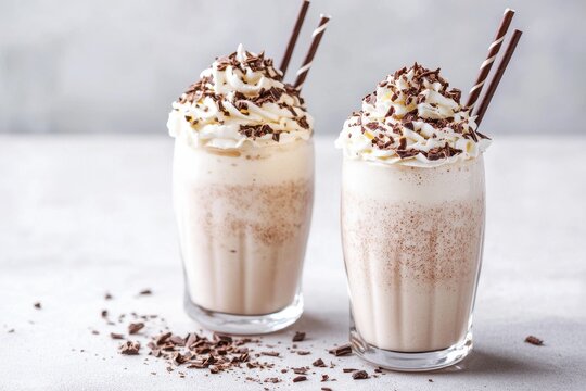 Indulgent whipped cream topped milkshakes with chocolate curls enjoyed in a cozy cafe setting, Two whipped cream topped milkshakes with chocolate sprinkles and straws on light background - Powered by Adobe
