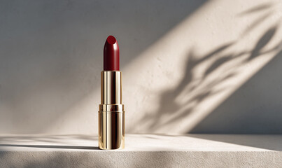 Elegant Red Lipstick in Gold Tube on Concrete Surface with Plant Shadows Minimalist Beauty Product Still Life High Quality Image