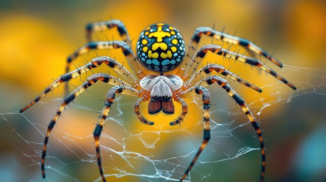 Close-up of a colorful orb-weaver spider on a delicate web.