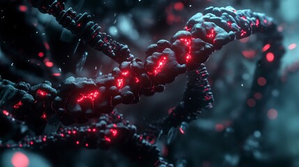 Glowing red DNA strand, close-up view, dark background, science concept.