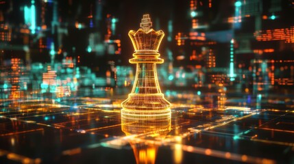 Glowing queen chess piece on digital board, futuristic city backdrop.