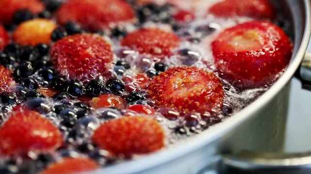 Boiling compote of fresh strawberries, red currants and blueberries in a saucepan, close-up.