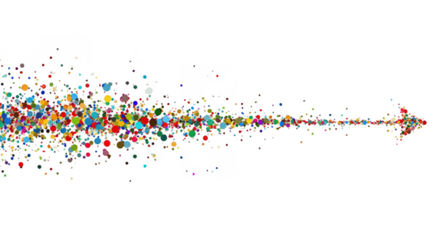 Colorful, pixelated arrow bursts outward on black background