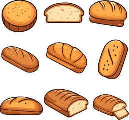 Delicious Cartoon Bread Assortment Vector on White or Transparent Background