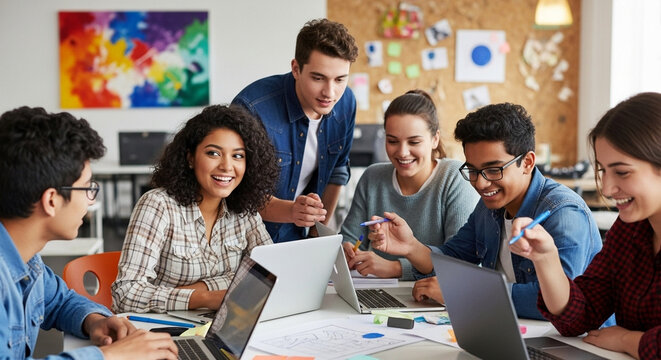 Creative College Students Collaborating on a Project Brainstorming and Sharing Ideas for a Design Innovation While Working Together as a Team Around a Table