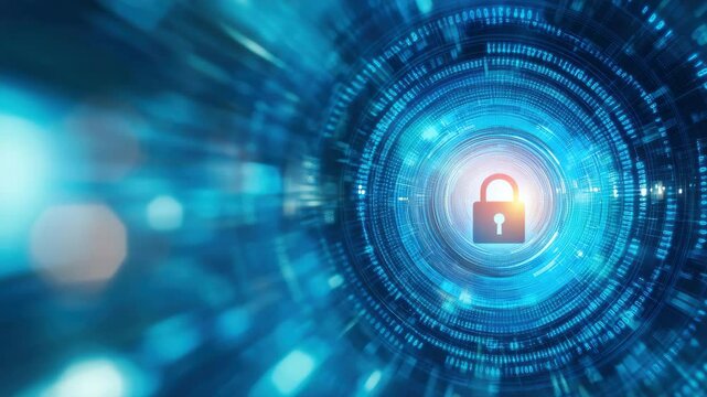Digital security concept featuring glowing lock icon within blue circular data tunnel symbolizing protection safe technology environment and secure information flow ensuring cybersecurity and data - Powered by Adobe