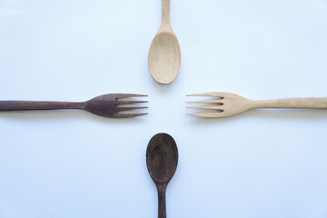 wooden spoon and fork isolated on white background