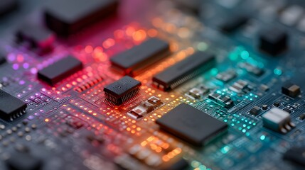 Close-up of circuit boards with colorful lighting