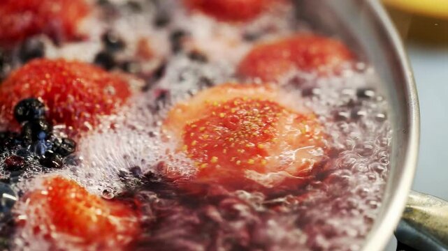 Boiling compote of fresh strawberries, red currants and blueberries in a saucepan, close-up.