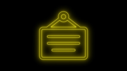 Neon hanging signboard animation. hanging noticeboard.  neon signboard glowing yellow on black background with hanging design