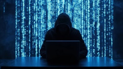 Hacker hoodie laptop digital code cyber security technology data protection glowing binary secretive atmosphere intense threat breach mysterious background - Powered by Adobe