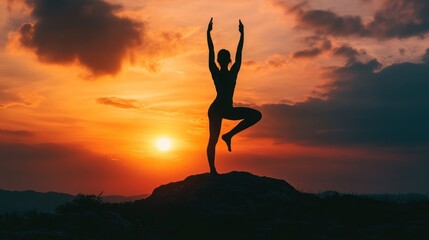 Silhouette of woman in yoga pose at sunset