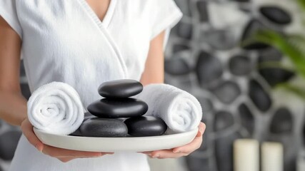 A spa therapist in uniform holds a towel, ready for a rejuvenating hot stone massage in a wellness setting.