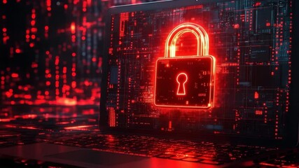 Glowing red digital lock on laptop screen showcasing cybersecurity, data protection, and secure technology with intense red light effect for advanced security and digital safety - Powered by Adobe