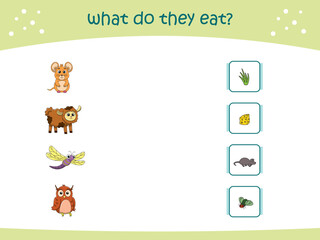 What do they eat matching game for kids with cute wild animals. activity page for kindergarteen and preschool. Vector illustration