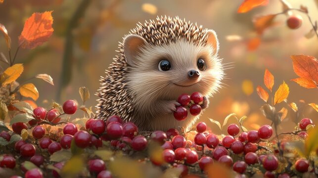 A cute hedgehog with berries in autumnal setting.