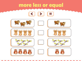 More, less or equal. Count the amount of cute wild animals. Educational math game for kids. Vector Illustration