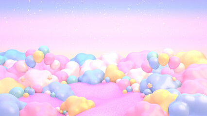 3D render cartoon colorful balloons, balls, and clouds on pink sand dunes.
