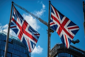 British flags flying prominently near Big Ben with a construction crane in the background in London, British Flags near Big Beg and a Crane, London, United Kingdom