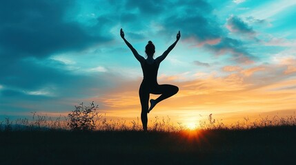Silhouette woman yoga sunset